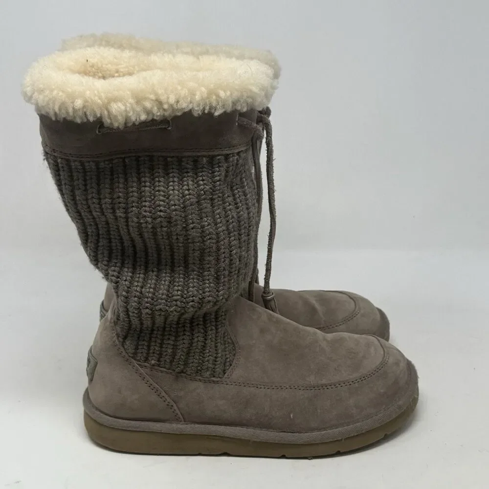 UGG Suburb Shearling Knitted Boots Womens 8 Sand Brown Suede Leather Mid Calf